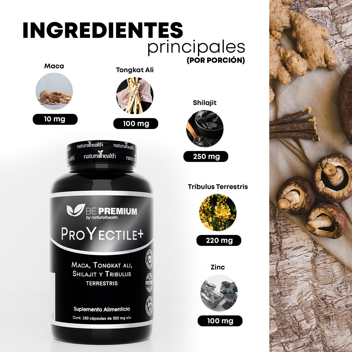 Proyectile Maca, Tongkat Ali, Shilajil y Tribulus Terrestris 180 Cápsulas