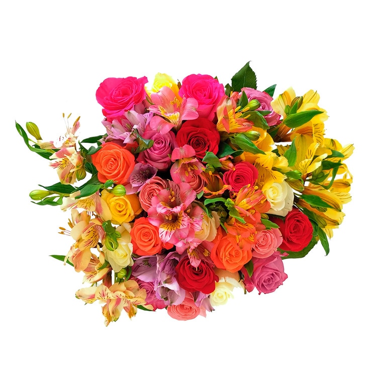 Chiltepec, Bouquet de Rosas y Astromelias Multicolor en Florero de Vidrio Chiltepec, Bouquet de Rosas y Astromelias Multicolor en Florero de Vidrio