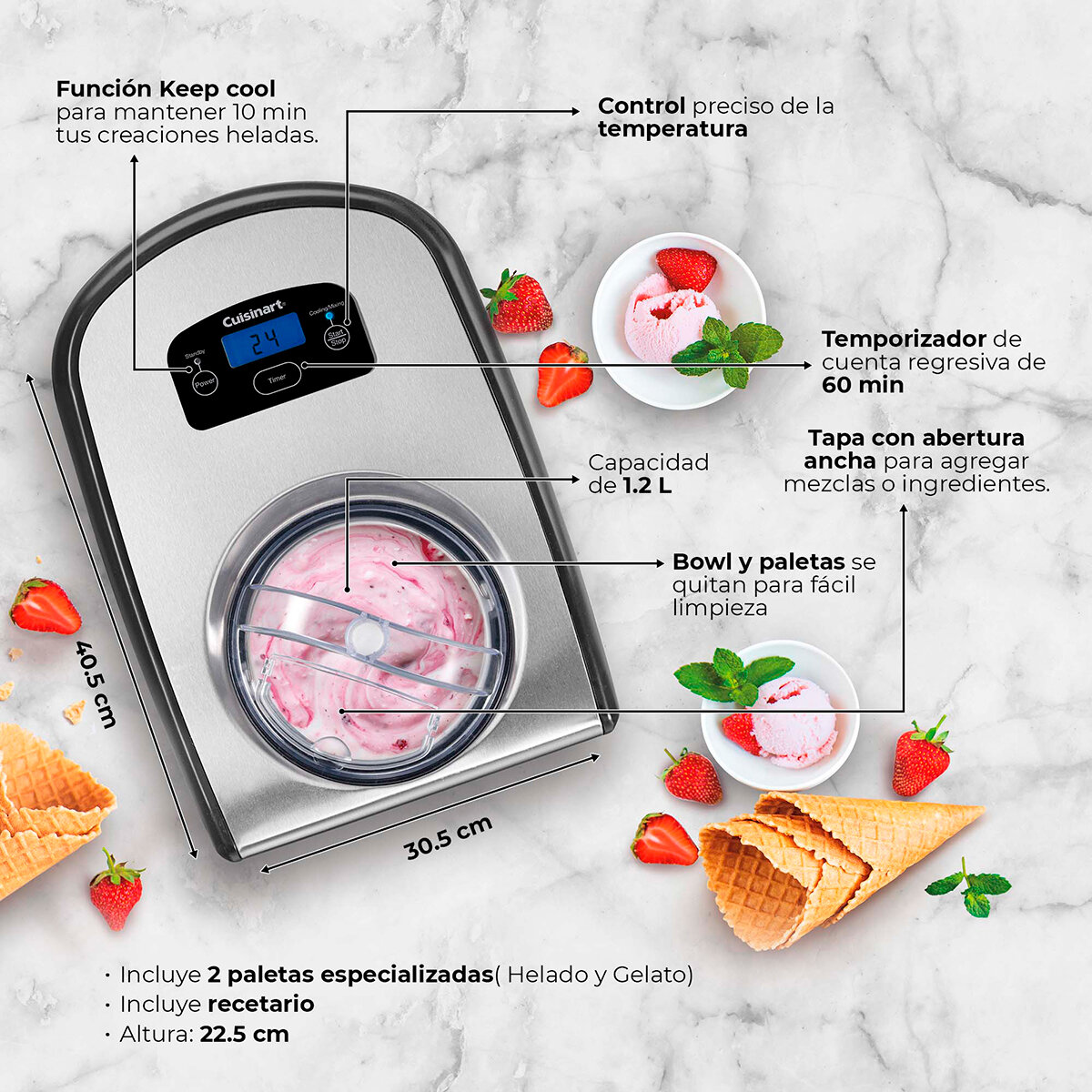 Cuisinart, máquina para hacer helados con compresor automático, helado en 60 minutos