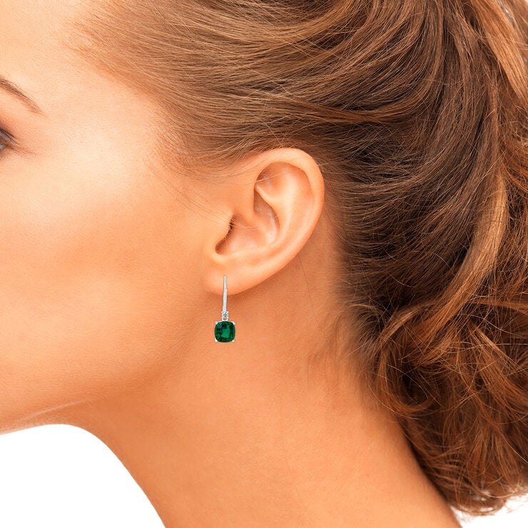Aretes de Esmeralda Creada con Diamantes 0.10ctw, Oro Blanco de 14K Aretes de Esmeralda Creada con Diamantes 0.10ctw, Oro Blanco de 14K