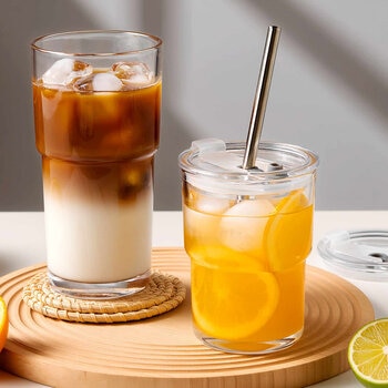 King Crystal 8 Vasos de Vidrio con Tapa y Popote