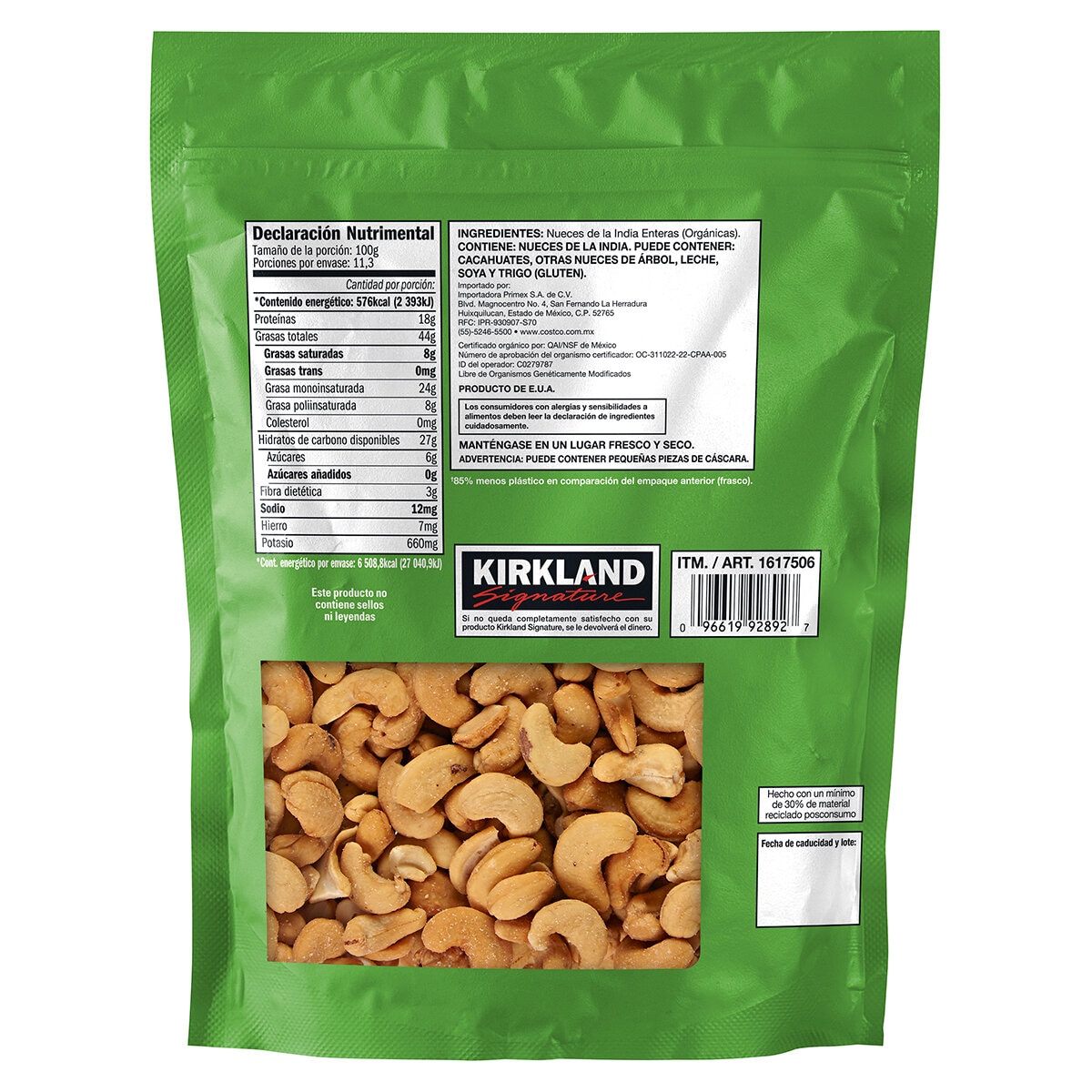 Kirkland Signature Nueces de la India Orgánicas sin Tostar y sin Sal 1.13 kg