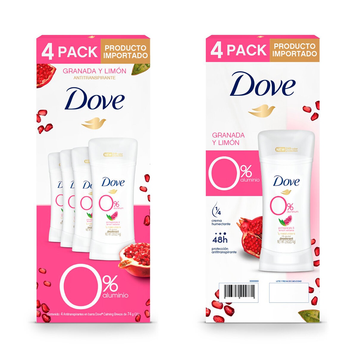 Dove Desodorante en Barra aroma Granada y Verbena 4 pzas de 74 gr