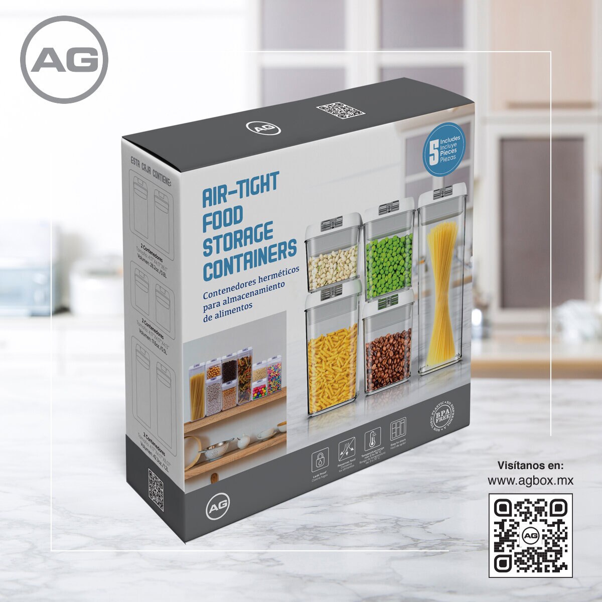 AG, Set de 5 contenedores para cocina con tapa hermética, Color Blanco