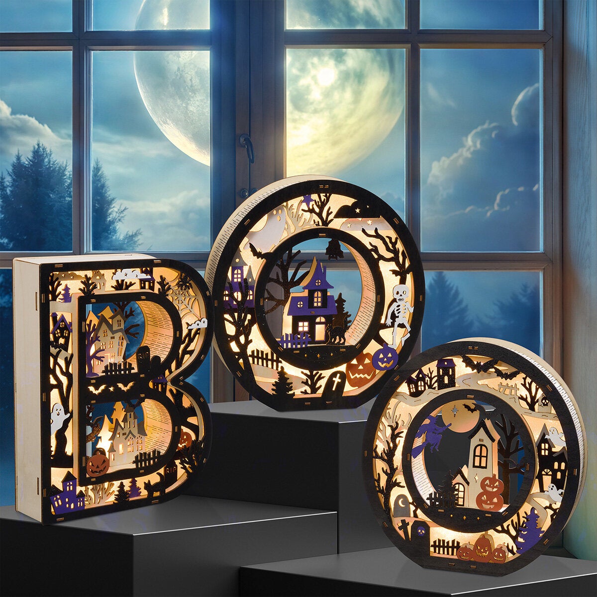 Letras de Madera para Halloween Iluminadas, Modelo BOO Letras de Madera para Halloween Iluminadas, Modelo BOO