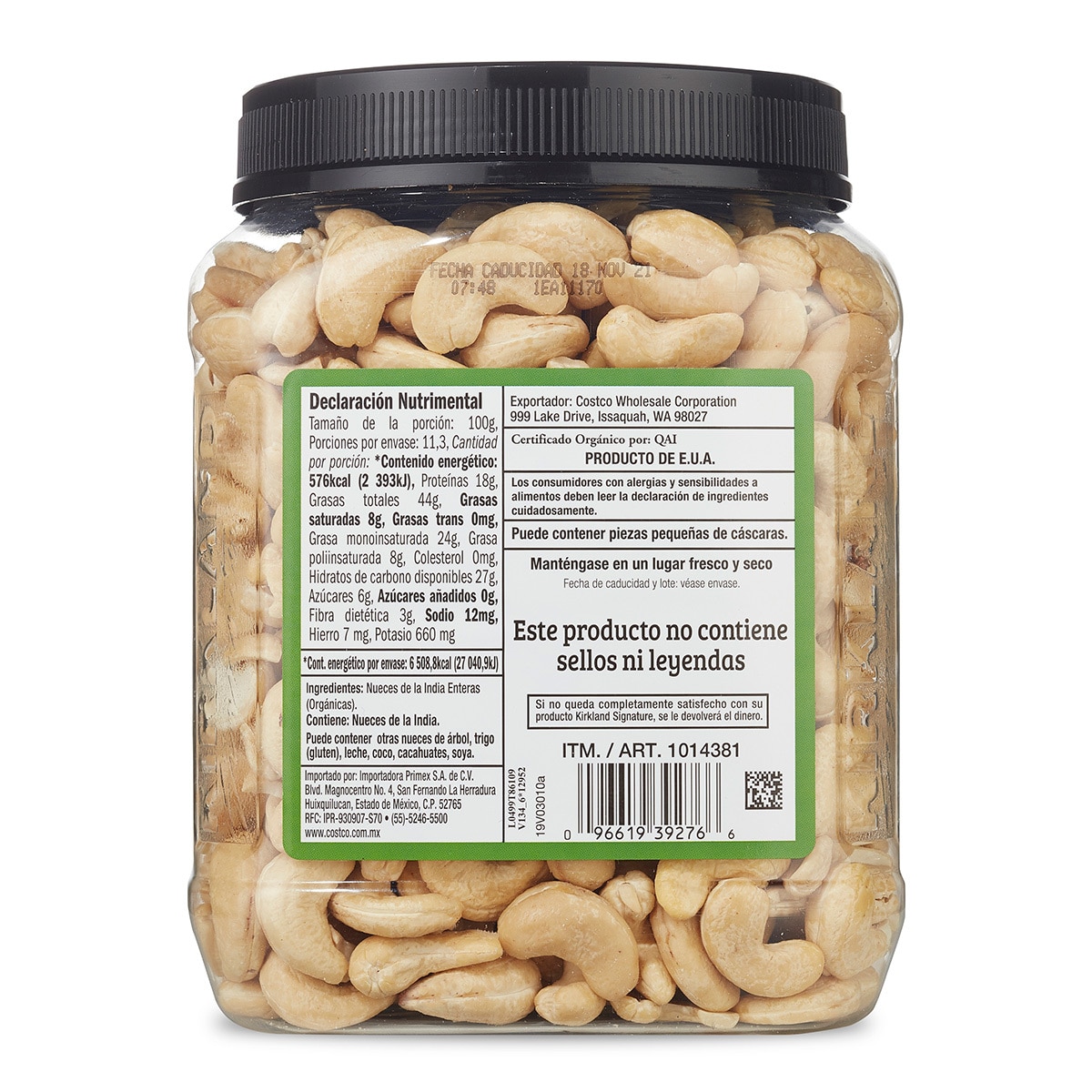 Kirkland Signature Nueces de la India Orgánicas sin Tostar y sin Sal 1.13 kg