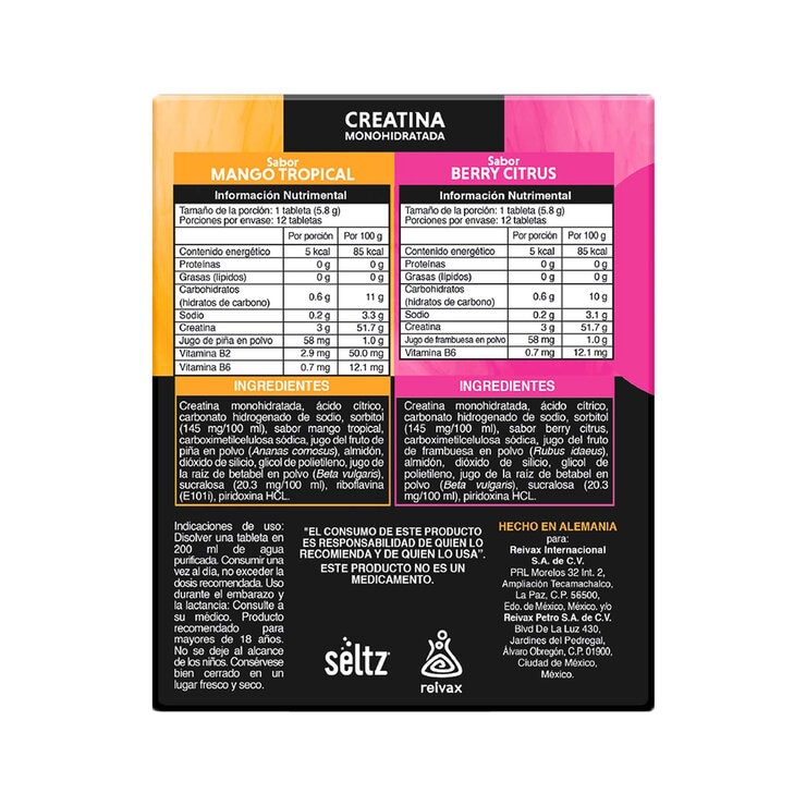 Seltz Creatina Monohidratada 6 Tubos de 12 Tabletas Efervescentes c/u Sabor Mango y Berry Seltz Creatina Monohidratada 6 Tubos de 12 Tabletas Efervescentes c/u Sabor Mango y Berry