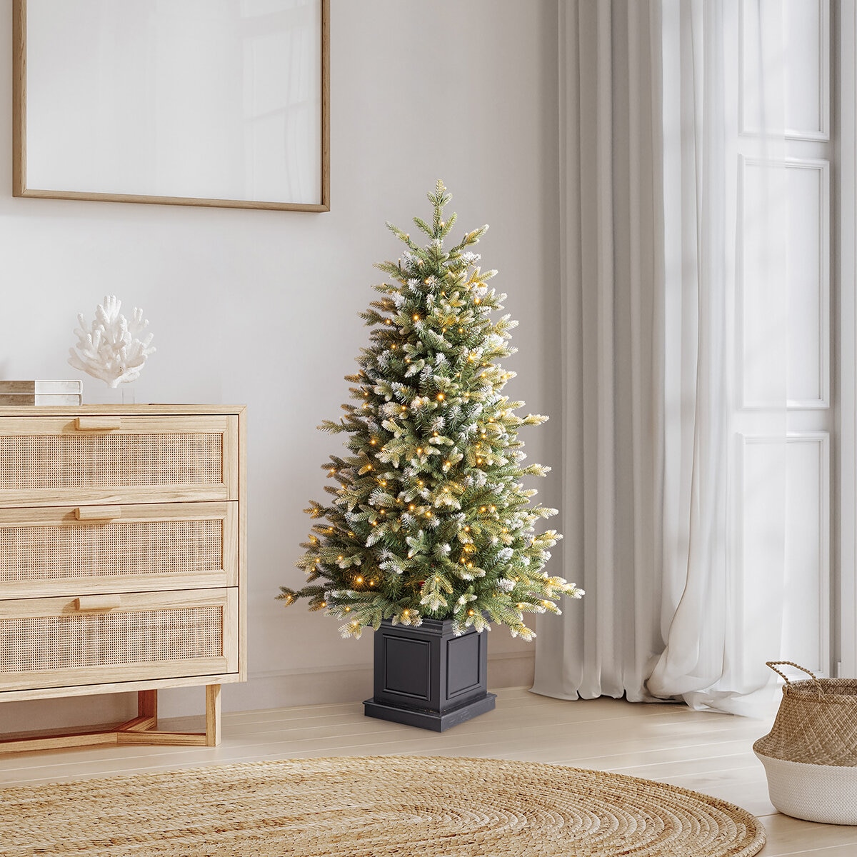 Árbol de Navidad Artificial en Maceta, Escarchado y Diamantado de 1.3m Preiluminado con 200 Luces LED