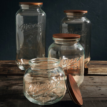 Mason Juego de 4 Frascos de Vidrio con Tapas de Madera de Acacia