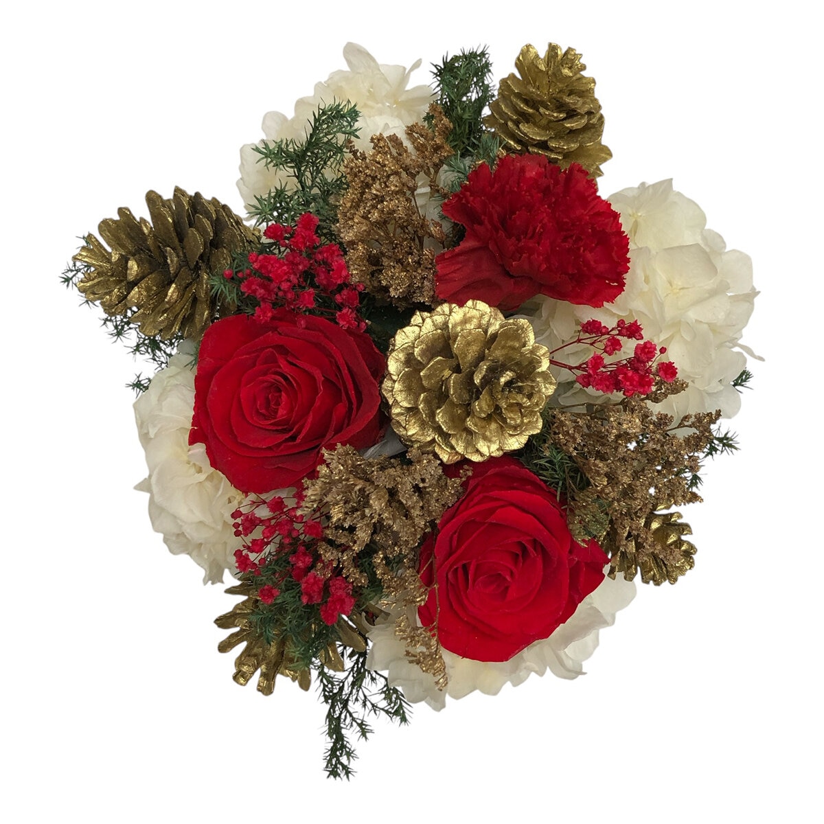 Bouquet Navidad, Caja Blanca Listón de Terciopelo Rojo/Dorado Bouquet Navidad, Caja Blanca Listón de Terciopelo Rojo/Dorado