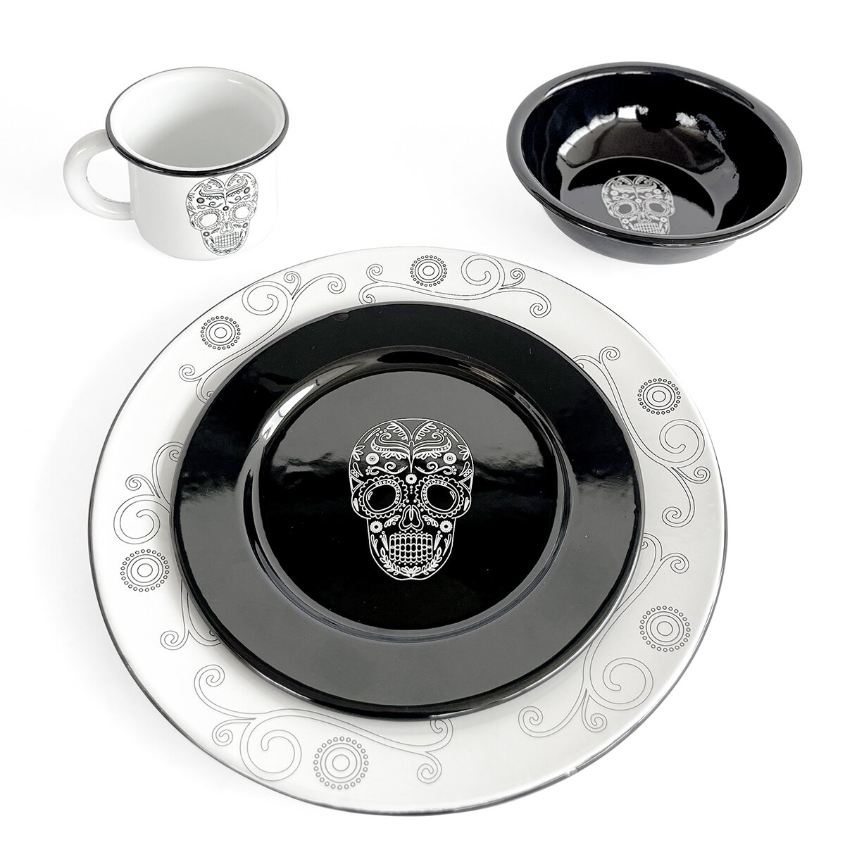 Baro Industrial, Vajilla Peltre, Diseño Calavera, 16 piezas
