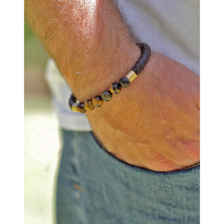 Pulsera de Piel Café con Piedras de Ojo de Tigre para Caballero Pulsera de Piel Café con Piedras de Ojo de Tigre para Caballero