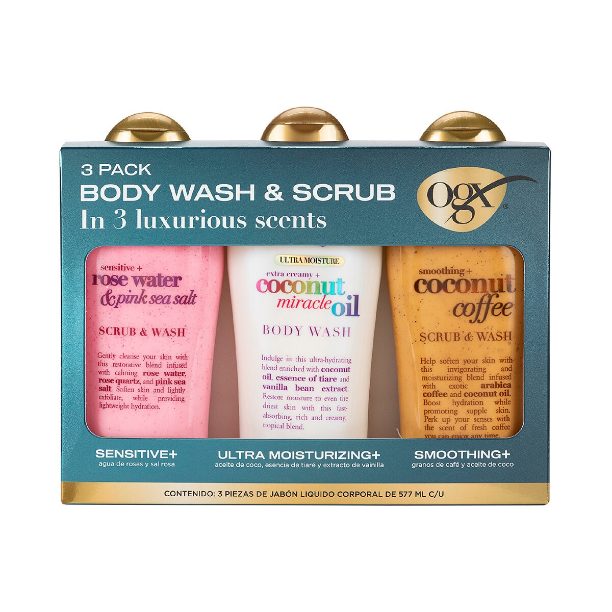 Ogx Body Wash y Exfoliante, 3 pzas