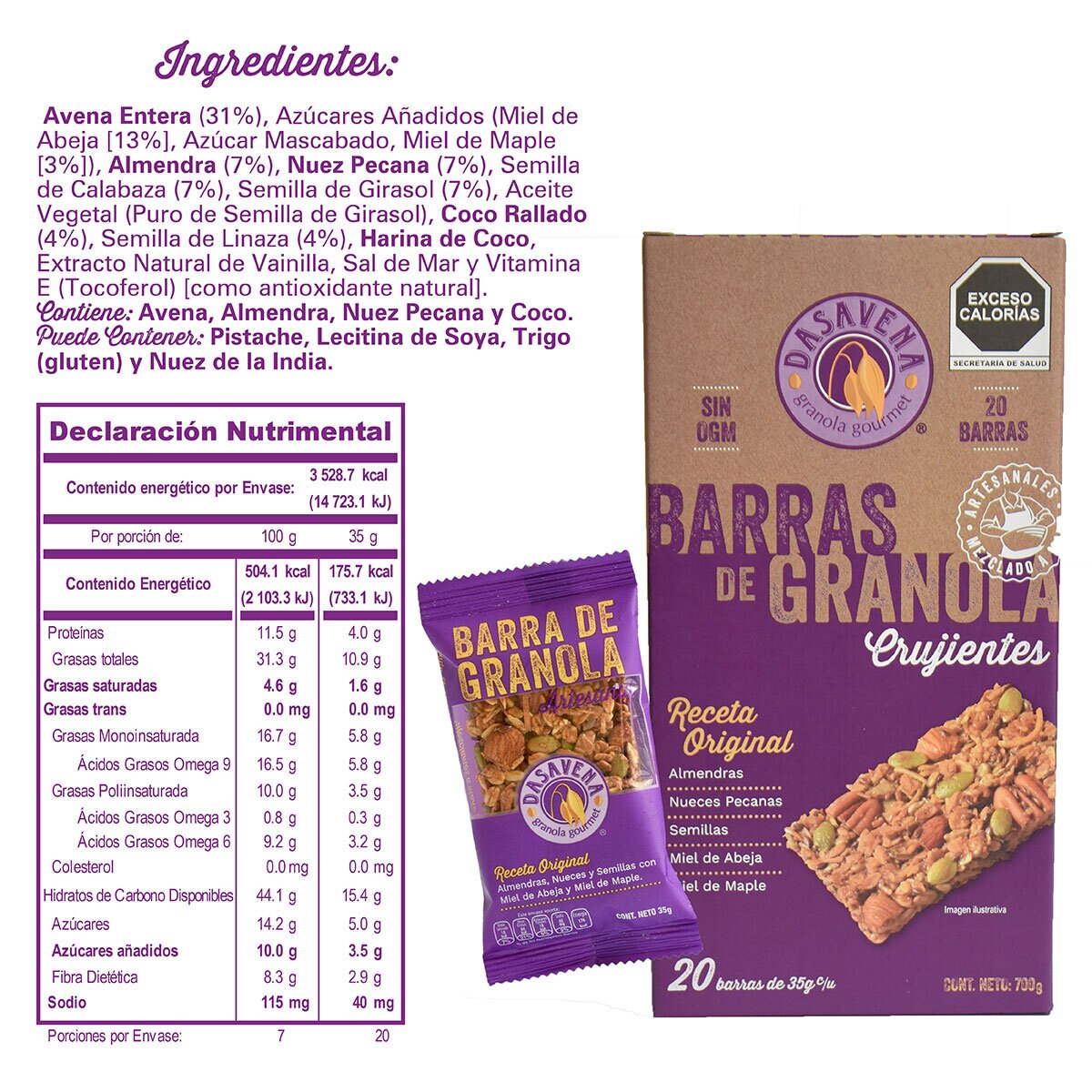 Dasavena Barras de Granola Crujientes 20 pzas de 35 g