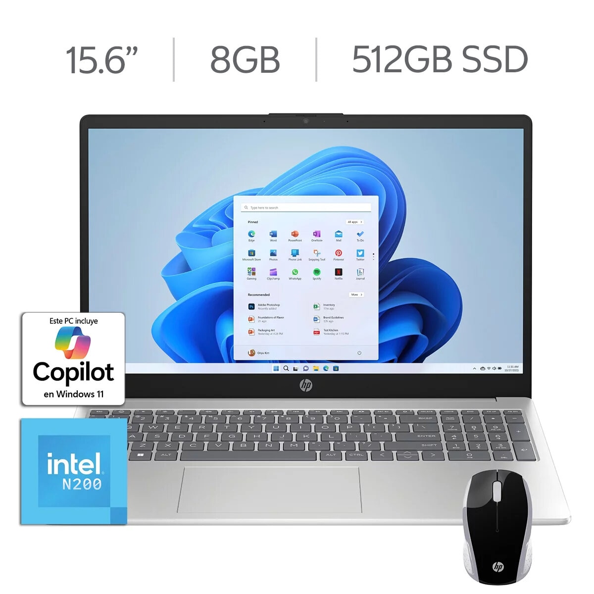 HP 15-fd0037la Laptop 15.6" HD Intel N200 8GB 512GB + HP 200 Mouse