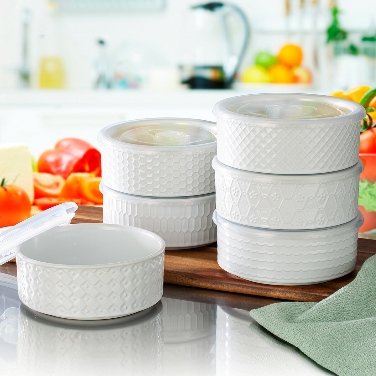Signature Housewares Incorporated 6 Recipientes para Microondas con Tapas, Blanco