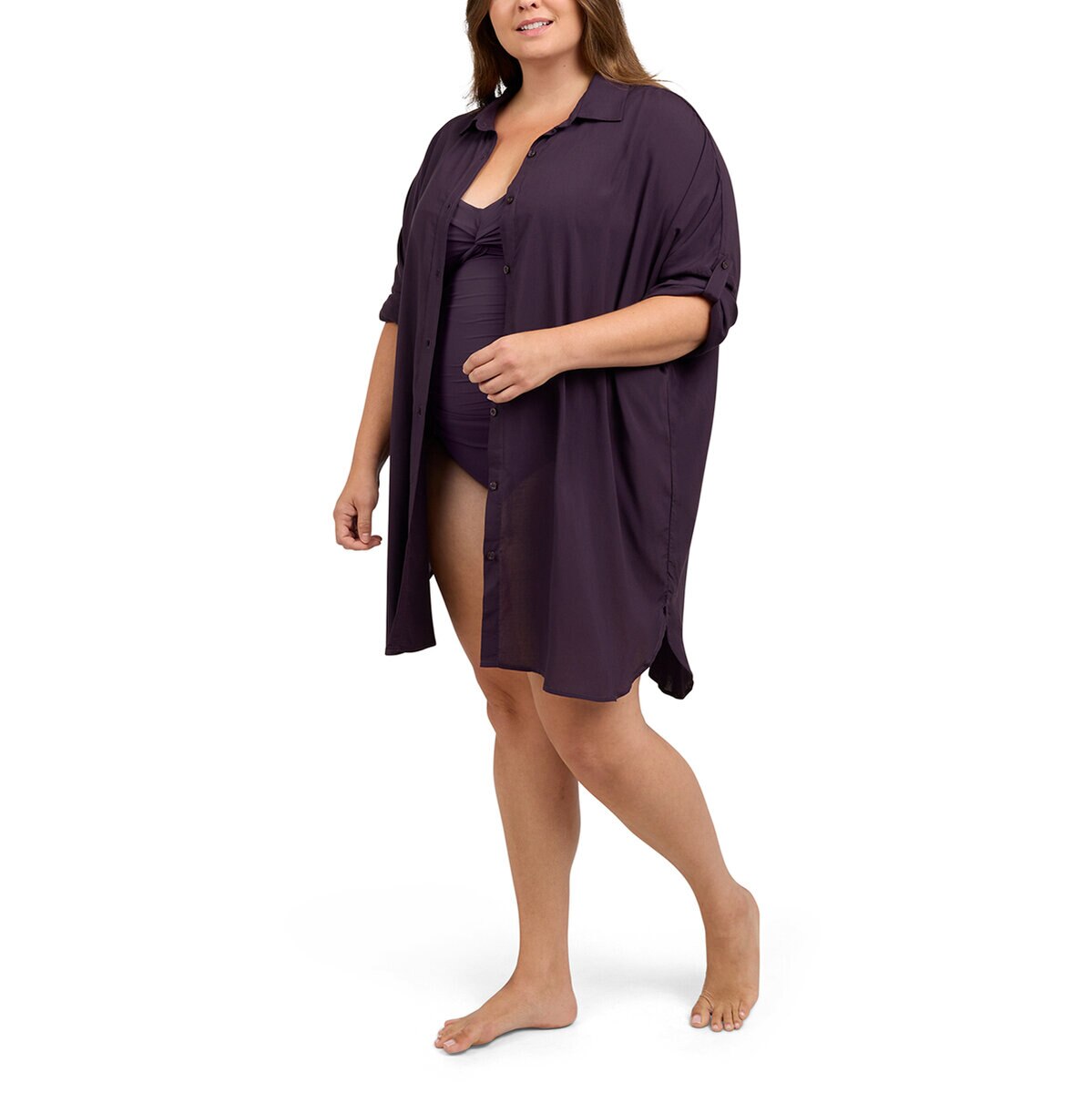 Lands' End Camisa de Playa para Dama Morado Mediana/Larga
