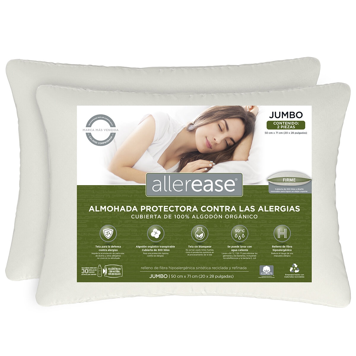 AllerEase Almohada Jumbo con Funda Organica, 2 Piezas