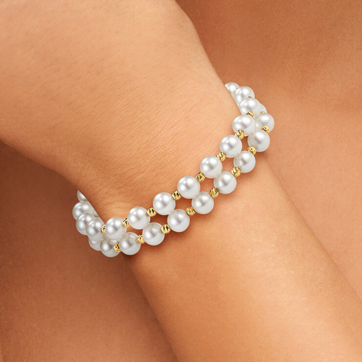 Pulsera de Perlas Cultivadas 7-8mm con Dos Filas, Oro Amarillo de 14K Pulsera de Perlas Cultivadas 7-8mm con Dos Filas, Oro Amarillo de 14K