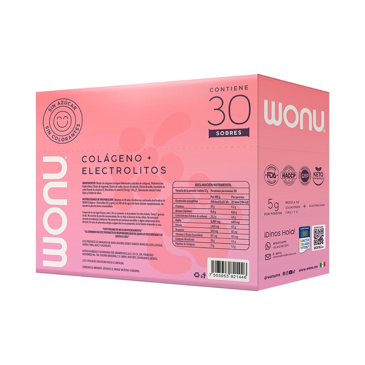 WONU Colágeno con Electrolitos en Polvo Sabor Frutos Rojos 30 pzs de 12 gr