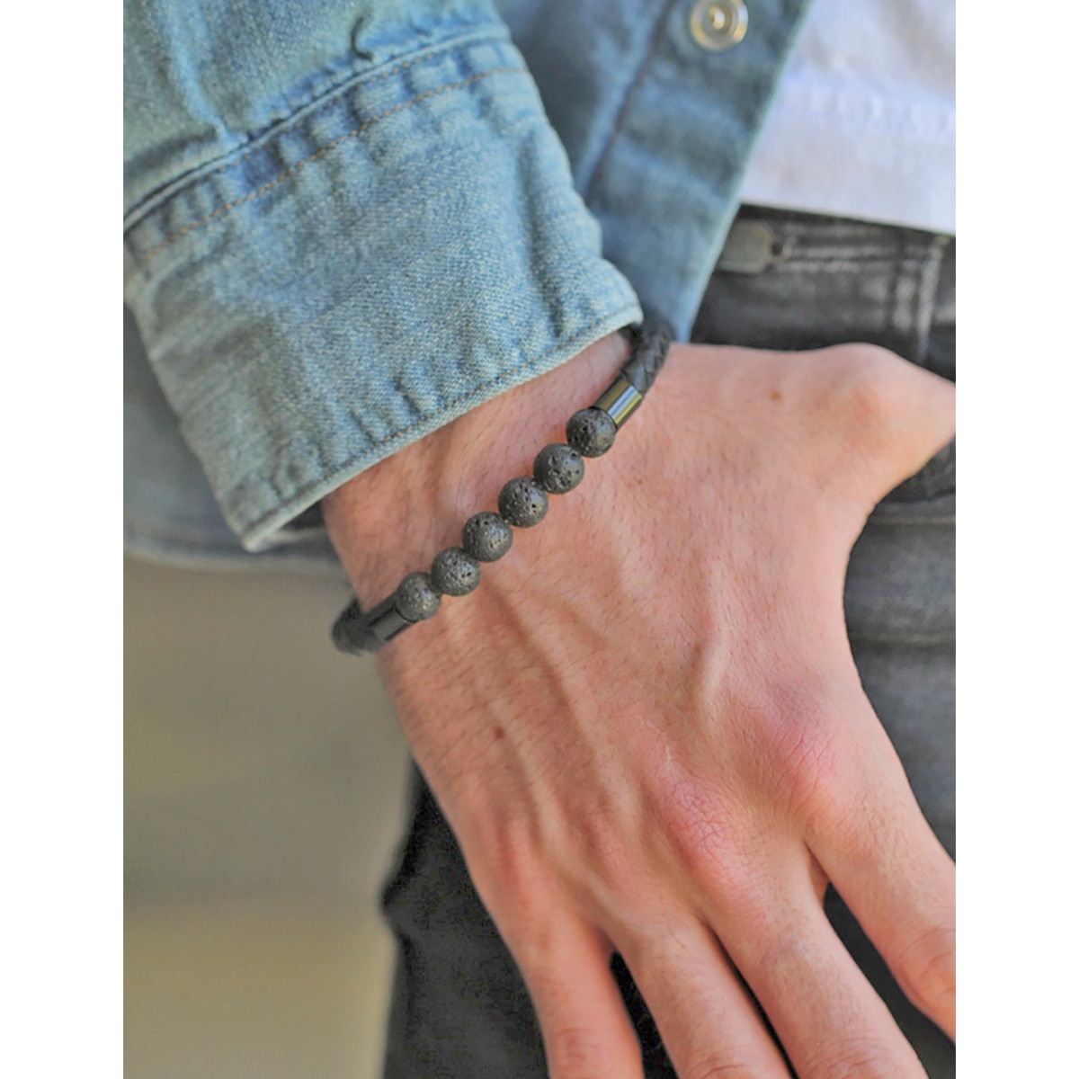 Pulsera de Piel, con Piedra Volcánica y Broche de Acero para Caballero