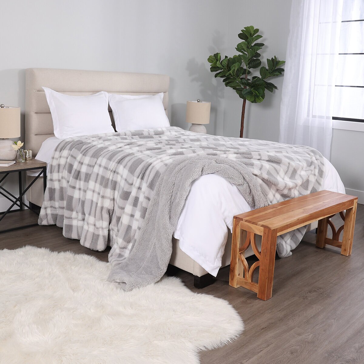 Life Comfort Cobija Tamaño Queen/ King, Light Grey Plaid