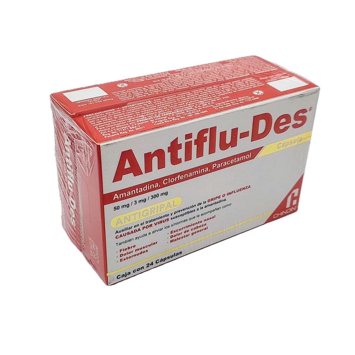Antiflu-Des Amantadina 50mg, Clorfenamina 3mg, Paracetamol 300mg 2 Cajas de 24 Cápsulas c/u