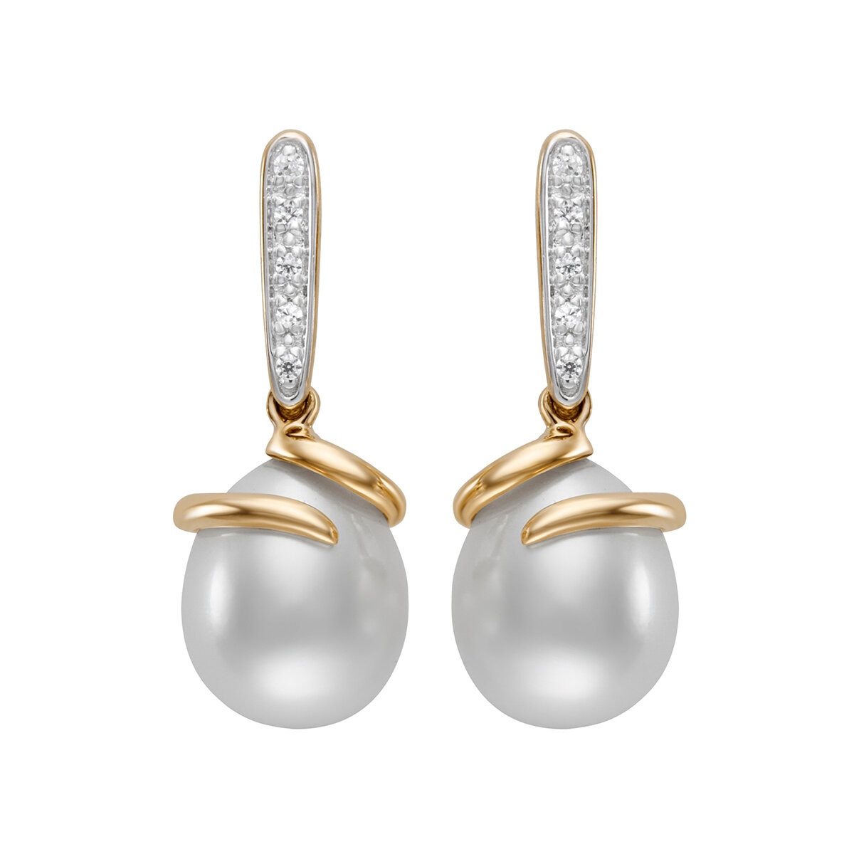 Aretes de Perlas Cultivadas, 9-10mm, con Diamantes .08ctw, Oro Dos Tonos de 14K