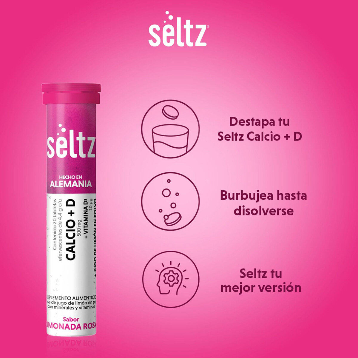 Seltz Calcio + Vitamina D 3 Tubos con 20 Tabletas Efervescentes c/u Sabor Limonada Rosa Seltz Calcio + Vitamina D 3 Tubos con 20 Tabletas Efervescentes c/u Sabor Limonada Rosa