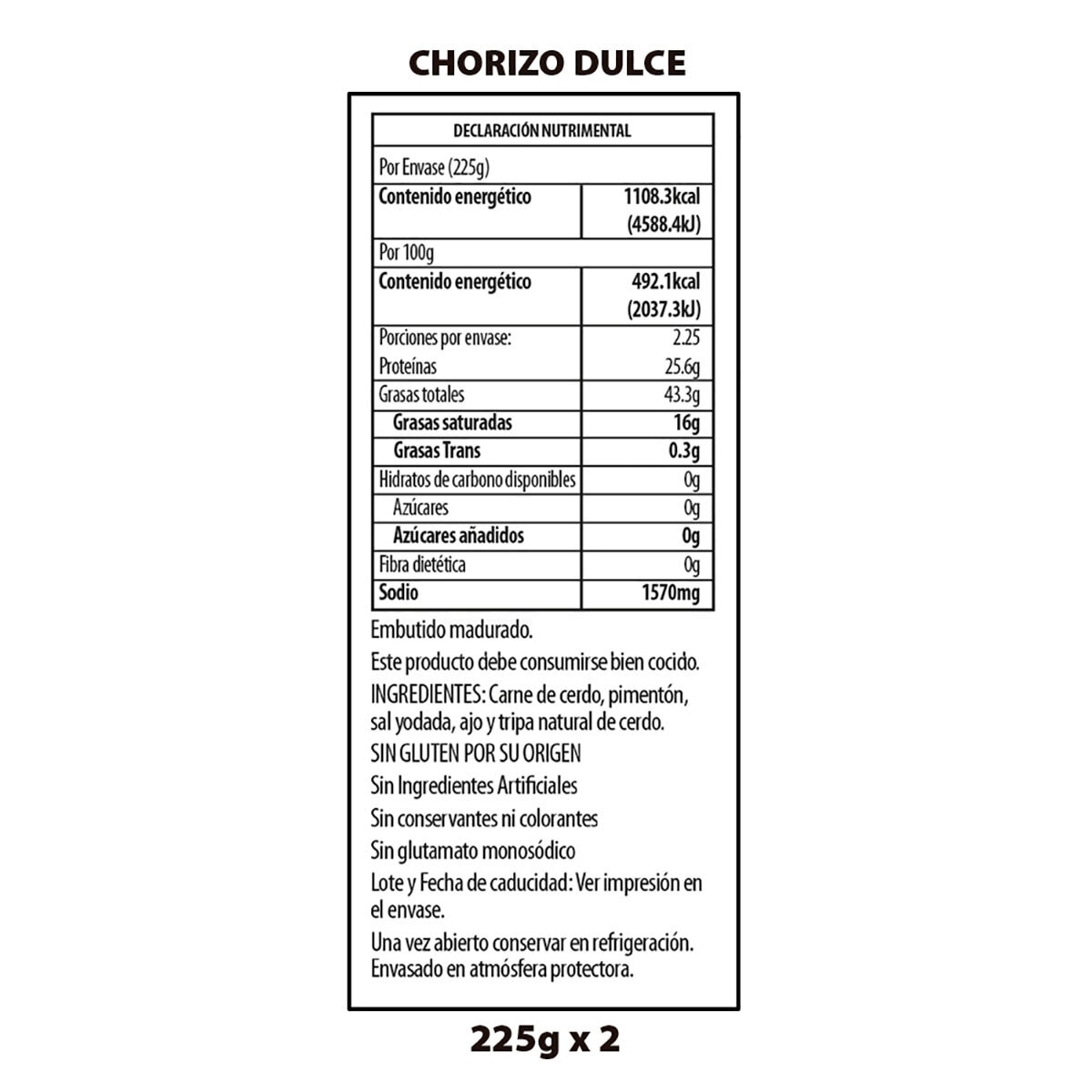 Palacios Chorizo Dulce 2 pzas de 225 g