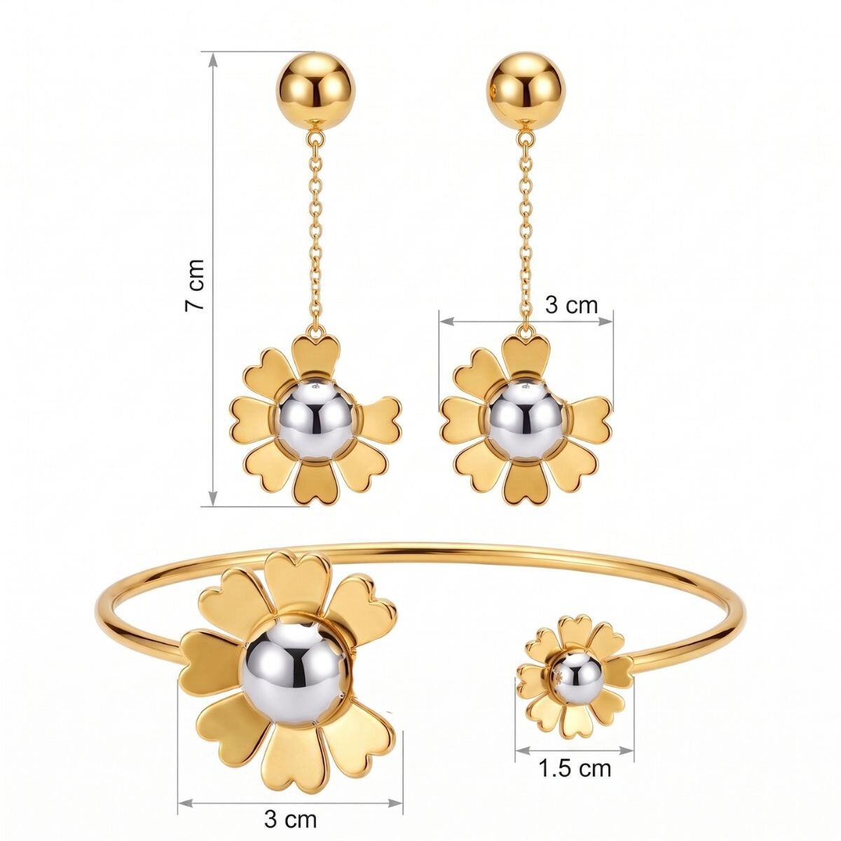 Mayfer, Juego Dorado de Aretes y Pulsera con Diseño de Flor Mayfer, Juego Dorado de Aretes y Pulsera con Diseño de Flor