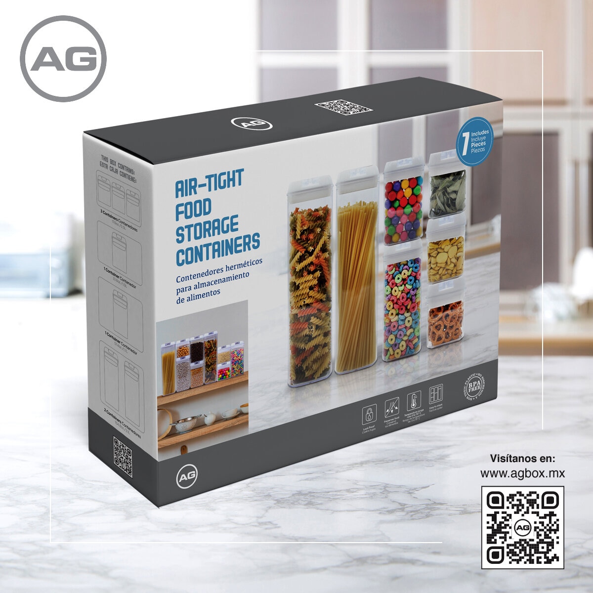 AG, Set de 7 contenedores para cocina con tapa hermética, Tapa Color Blanco
