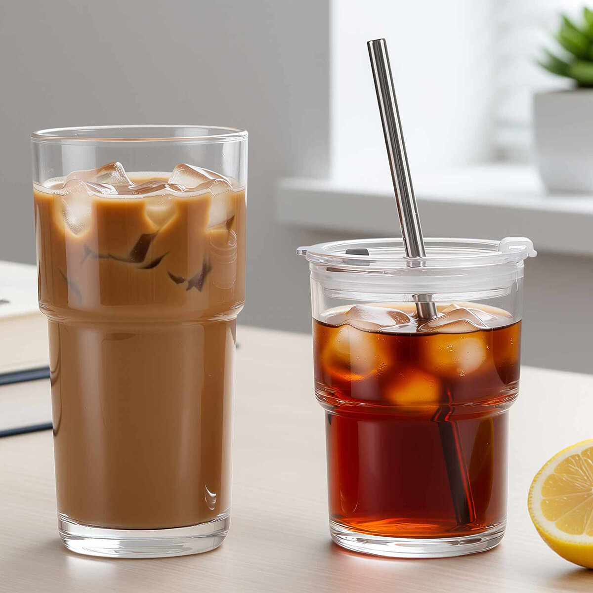 King Crystal 8 Vasos de Vidrio con Tapa y Popote King Crystal 8 Vasos de Vidrio con Tapa y Popote