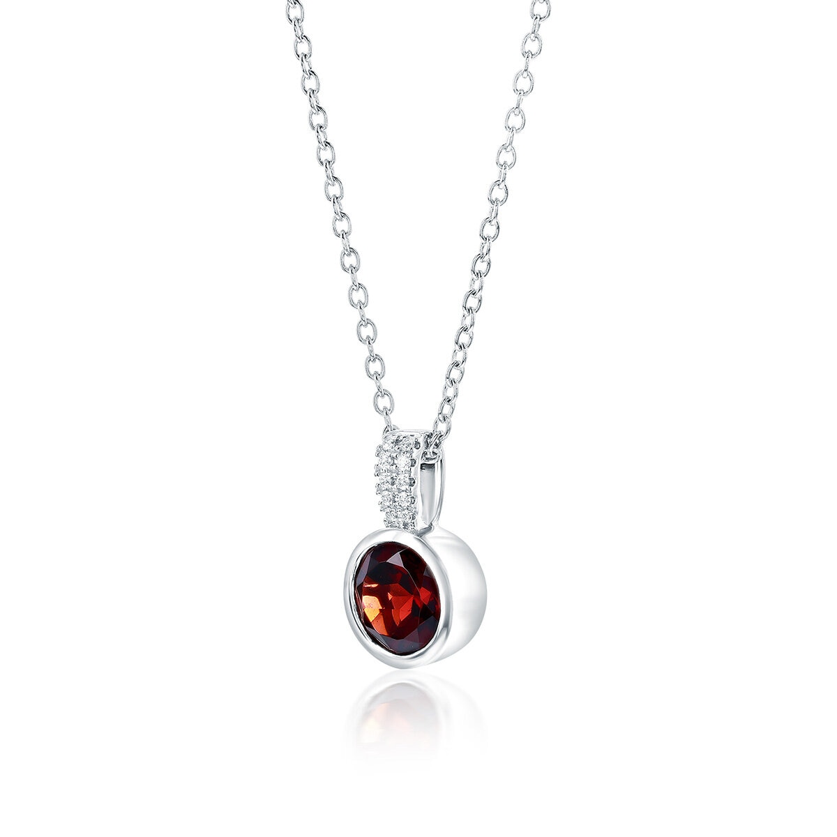 Collar de Granate Rojo Redondo, Oro Blanco 14k