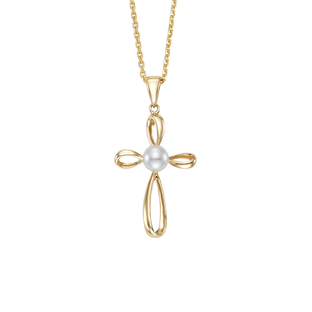 Collar con Dije de Cruz con Perla, Oro Amarillo de 14K