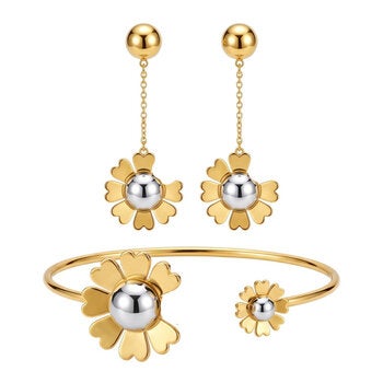 Mayfer, Juego Dorado de Aretes y Pulsera con Diseño de Flor