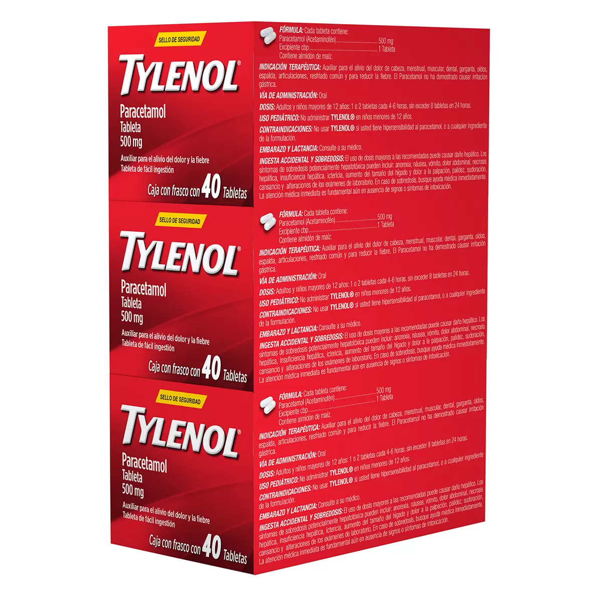 Tylenol Paracetamol 3 Cajas con 40 Tabletas de 500mg c/u 