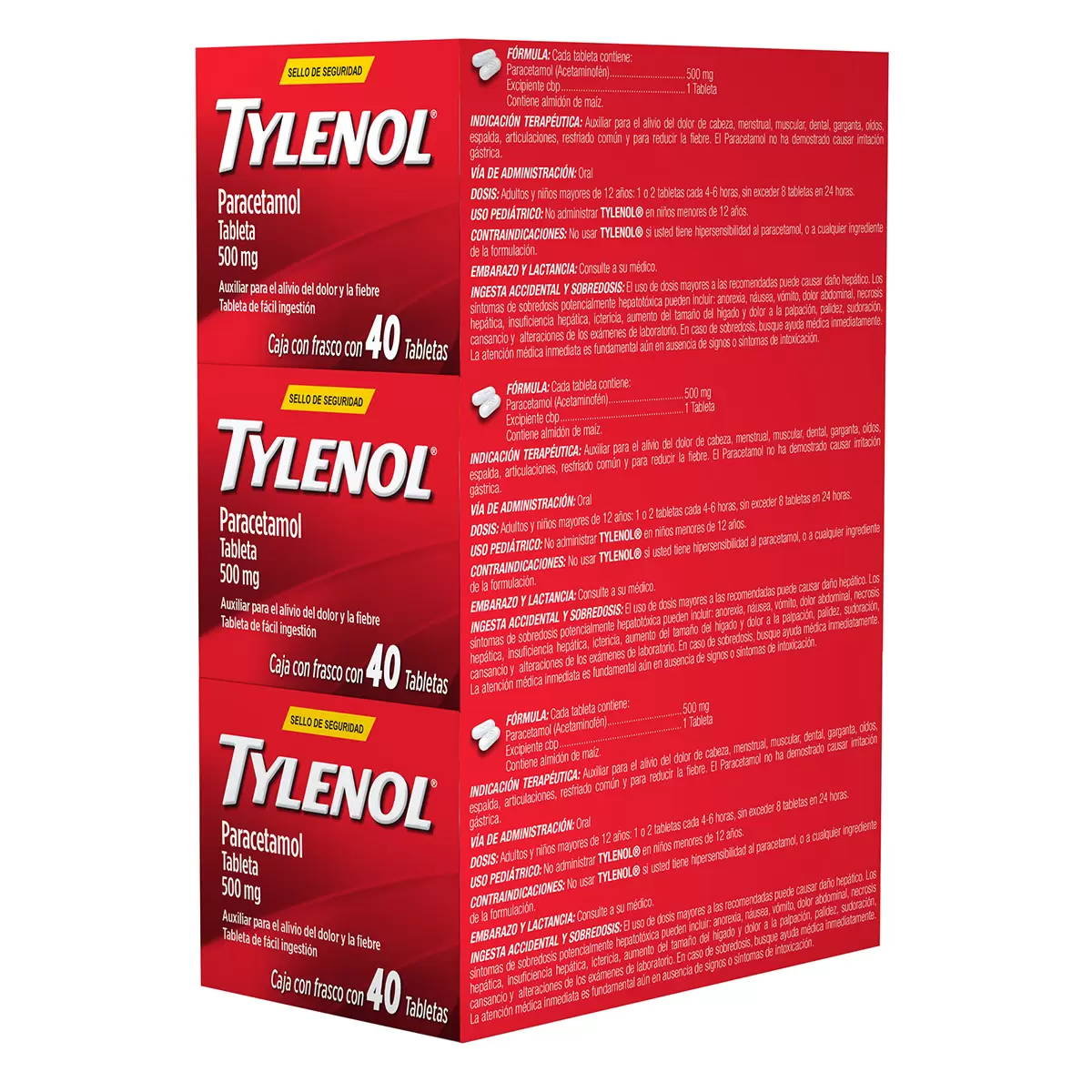 Tylenol Paracetamol 3 Cajas con 40 Tabletas de 500mg c/u
