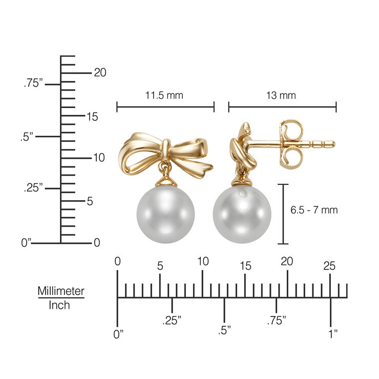 Aretes de Perlas Cultivadas Agua Dulce, 6.5-7.0mm, Oro Amarillo de 14K