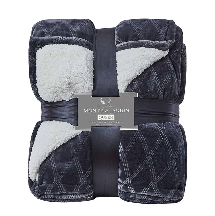 Monte & Jardin, Cobija Tipo Sherpa de Terciopelo, Color Gris Costco