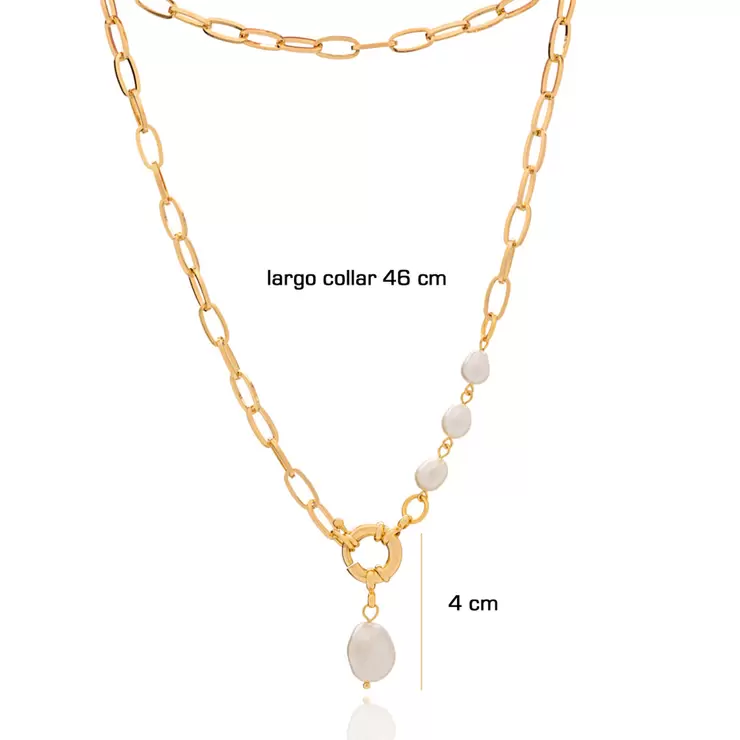 Ablime, Collar Cadena de Eslabones, en Chapa de Oro, Con Perla de Río