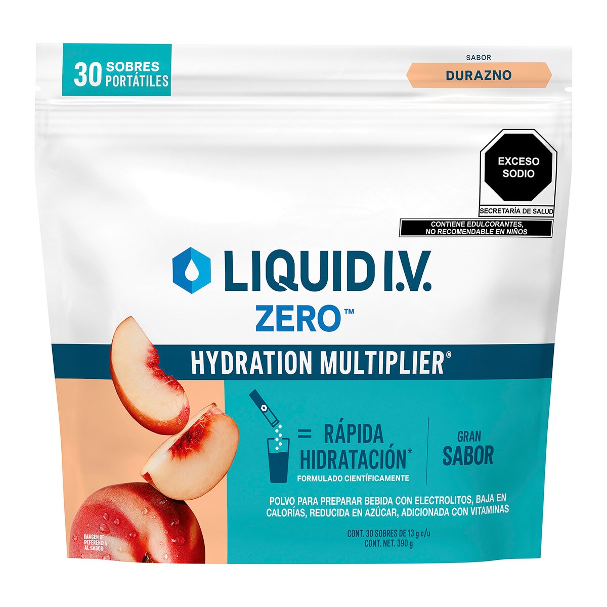 Liquid I.V. Electrolitos en Polvo Reducidos en Azúcar Sabor Durazno 30 pzas de 13 gr