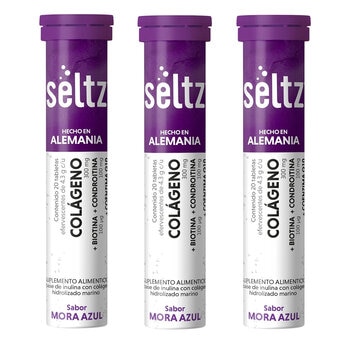 Seltz Colágeno 3 Tubos con 20 Tabletas Efervescentes c/u Sabor Mora Azul
