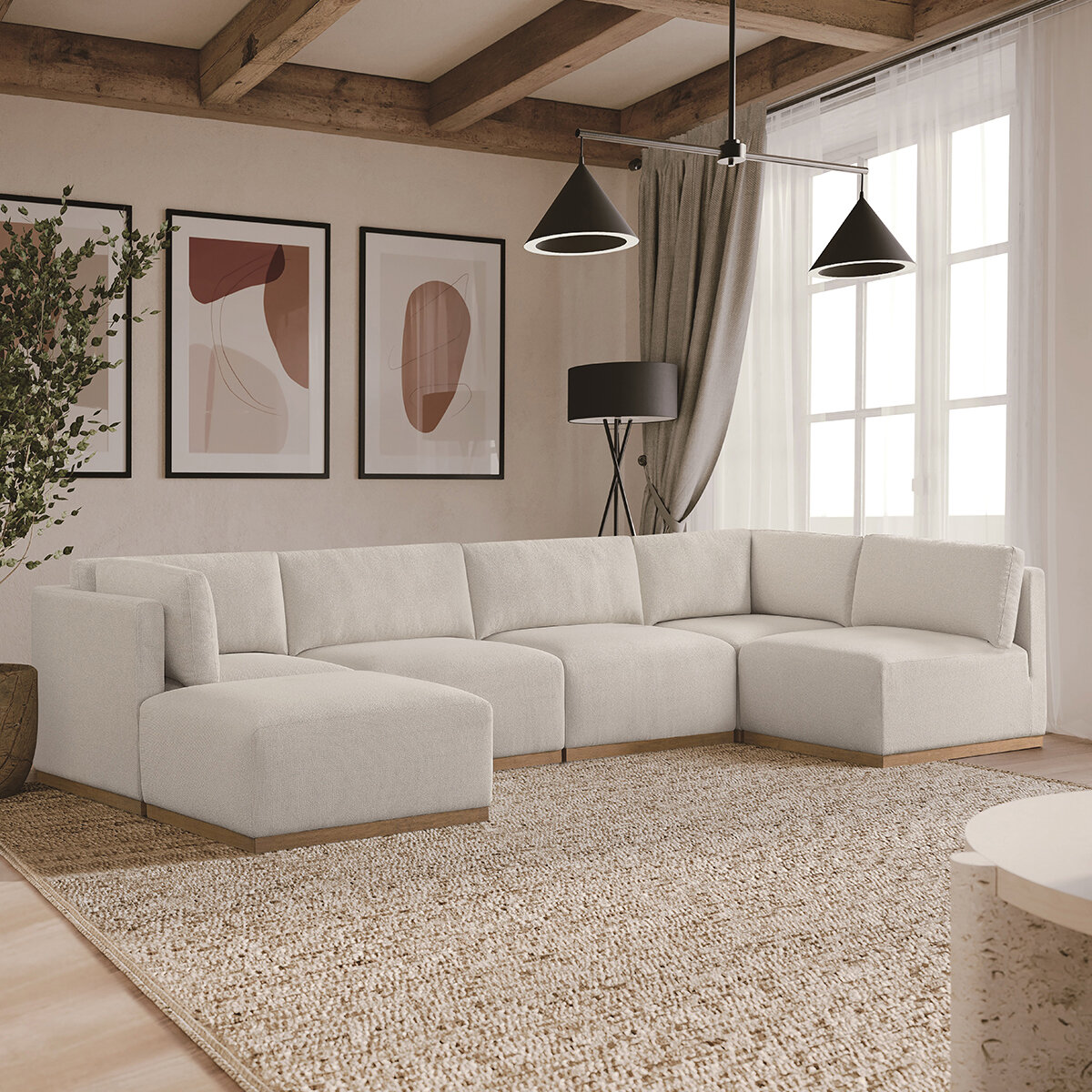 Henredon, Sofá Seccional Modular de Tela de 6 piezas con Otomano