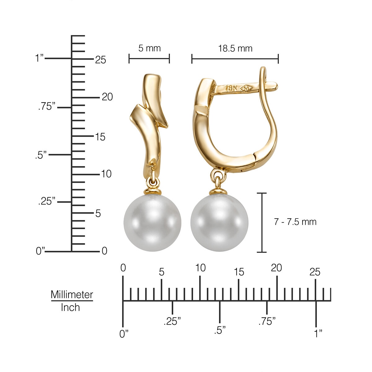 Aretes de Perlas Cultivadas Agua Dulce, 7.0-7.5mm, Oro Amarillo de 14K