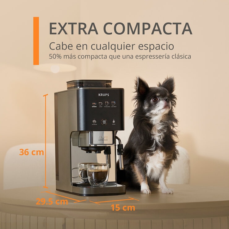Krups Coffee Crush Experience, Cafetera Automática con Espumador de leche compatible con café en grano y molido
