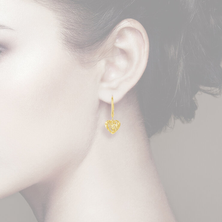 Aretes de Corazon, Filigrana, Oro Amarillo 14K