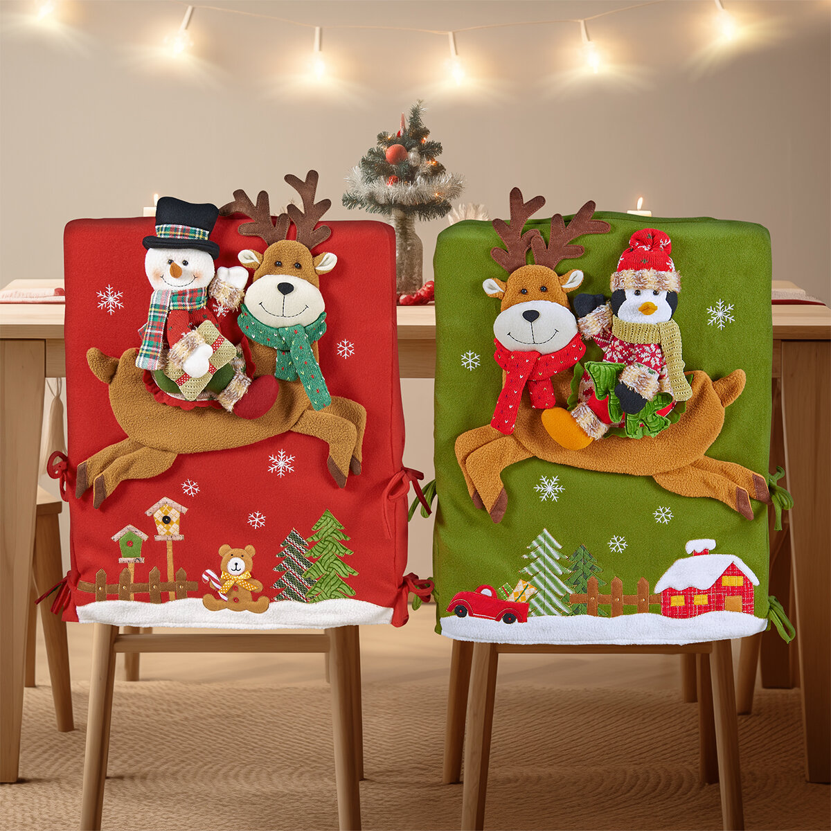 Cubiertas para Silla con Detalle Navideño, Hombre de Nieve y Pinguino