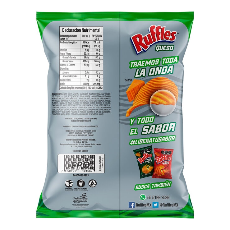 Ruffles Papas Fritas Onduladas sabor Queso 539 g