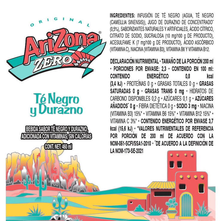 Arizona Zero Té Negro Sabor Durazno 24 latas de 460 ml